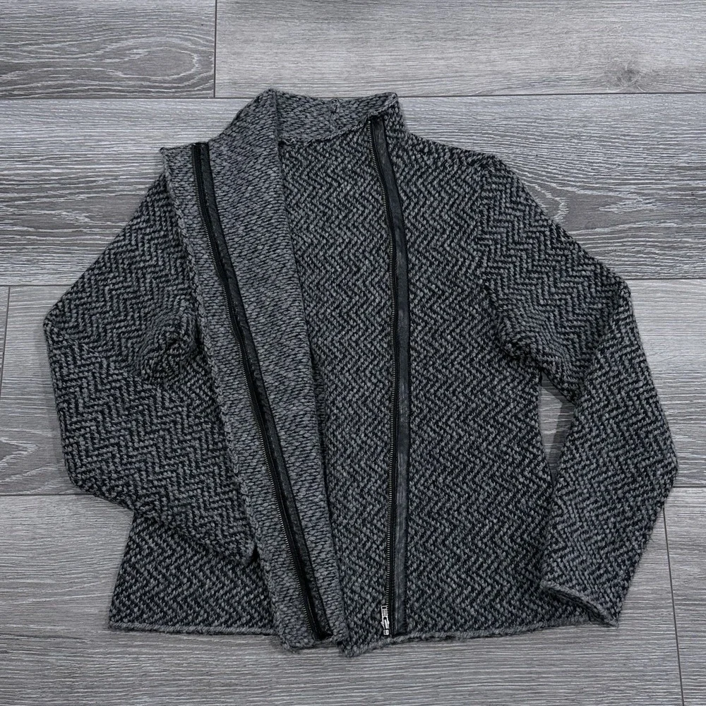 Eileen Fisher Wool Alpaca Herringbone Moto Jacket‎ PS Moon Gray Asymmetrical Zip